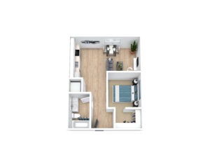 3D floor plan of a minimalist apartment showing a bedroom with a bed and closet, a living area with a sofa and TV, a small dining space, and a bathroom. Wooden flooring runs throughout, with a plant near the window.