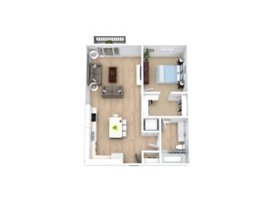 3D floor plan of a one-bedroom apartment. It includes a living room with sofas and a TV, a kitchen with a dining area, a bedroom with a bed, and a bathroom with a bathtub. There's also a small balcony off the living room.