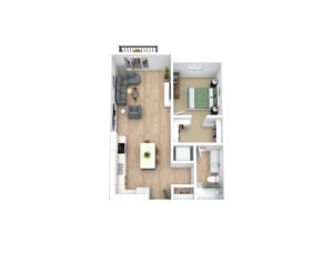3D floor plan of a small apartment showing an open living area with a sofa and TV, adjacent kitchen with an island, one bedroom with a bed and closets, and a bathroom. Light wood flooring throughout with a small balcony attached to the living area.