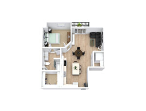 3D floor plan of a compact apartment with one bedroom featuring a bed, a bathroom, a kitchen with dining area, and a living room with a sofa and TV. There's a small balcony connected to the living room. Wood and tile flooring are visible.