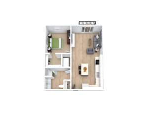 A 3D floor plan of a small apartment featuring a bedroom with a green bed, a living area with grey furniture, a kitchen with an island, and a bathroom. The wood flooring connects the living and kitchen areas.