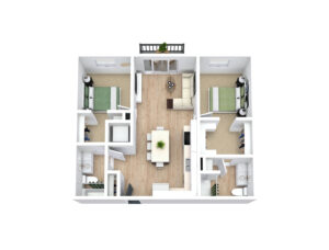 A 3D floor plan of an apartment featuring two bedrooms, a central living area, a kitchen, and two bathrooms. The living room has a sofa and coffee table, and there is a small balcony or patio at the top of the image.