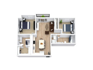 An overhead 3D floor plan of an apartment showing two bedrooms with beds, a living area with a sofa and chairs, a kitchen with a dining table, and a bathroom. The main area features a light wood floor, while the bedrooms have carpet.