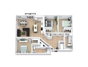 A 3D floor plan of an apartment with two bedrooms, a living room, a kitchen with an island, a dining area, two bathrooms, and a small balcony. The layout features modern furnishings and light wood flooring.