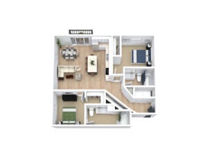 A 3D floor plan of a modern apartment featuring an open living and dining area, two bedrooms, two bathrooms, a kitchen, and a balcony. The layout includes furniture like sofas, beds, a dining table, and kitchen counters.