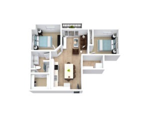 3D floor plan of an apartment with two bedrooms featuring blue bedding, a living area with a sofa and chair, a kitchen with an island and dining area, a bathroom, and a small entryway. Light wood flooring is present throughout.
