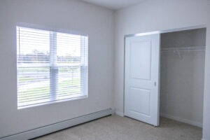 A bright, empty room with beige carpet, a large window with white blinds, and an open closet with a sliding white door and a wire shelf inside.